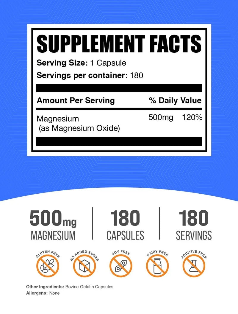 Bulksupplements Magnesium Oxide Capsules- 500Mg of Magnesium per Serving (180 Capsules - 180 Servings)