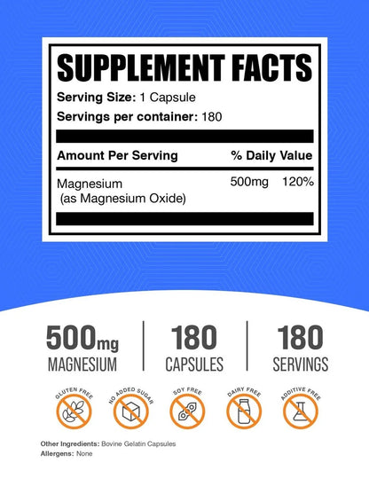 Bulksupplements Magnesium Oxide Capsules- 500Mg of Magnesium per Serving (180 Capsules - 180 Servings)