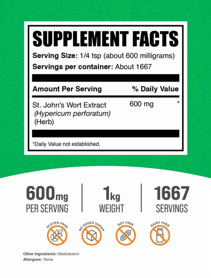 Bulksupplements St. John'S Wort Extract Powder - 600Mg per Serving - 1 Kilogram (2.2 Lbs) - 1667 Servings